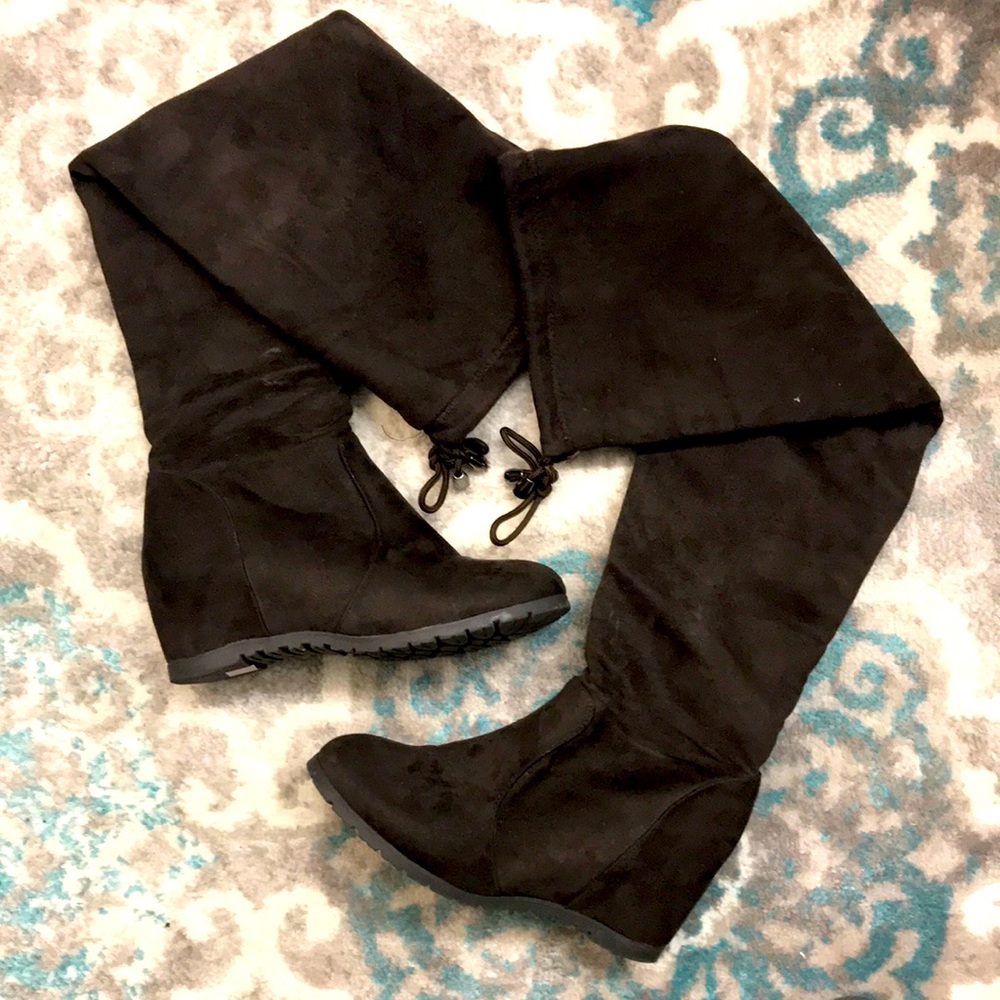 Brown suede wedge over the knee boots
